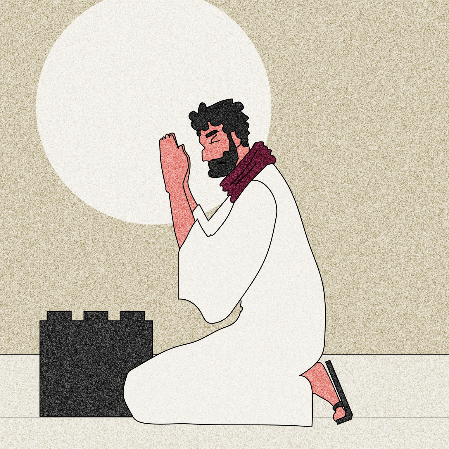 Person kneeling in prayer beside castle wall